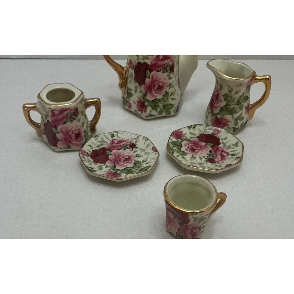 Vintage Miniature Tea Set Porcelain Rose Floral Gold Trim 6pc Set
